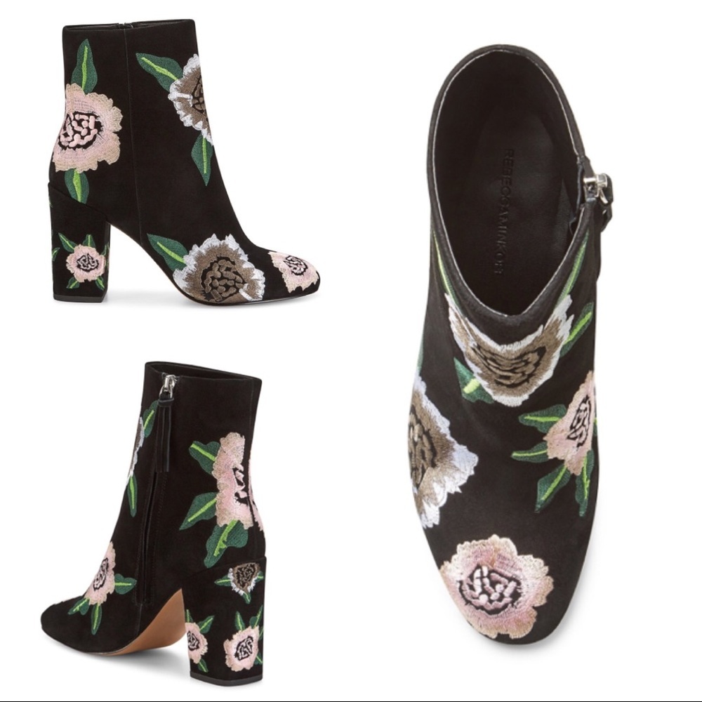 Rebecca Minkoff Black Suede Ankle Boots with Pink & Green Floral Embroidery